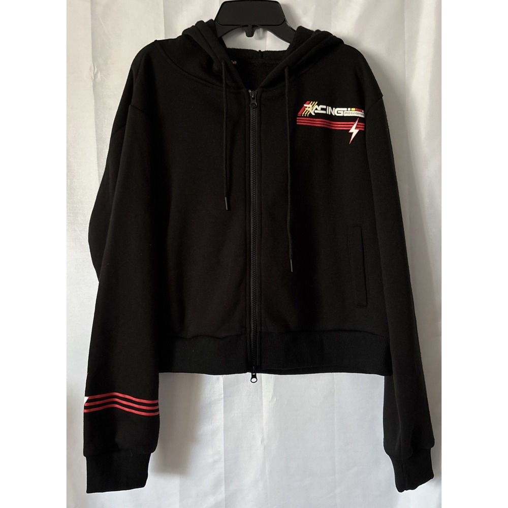 Angel Cult Black Full Zip Hoodie Size L Elastic Waist Racing Speed Is Everything